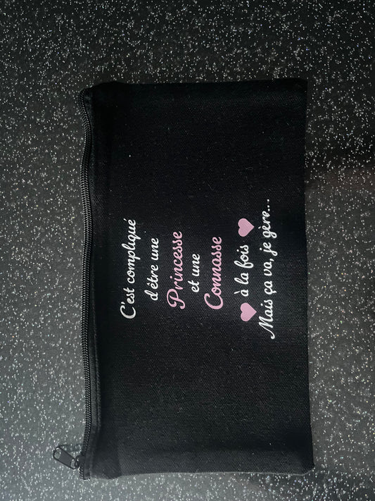 Pochette noire en coton zippée – motifs illustrés