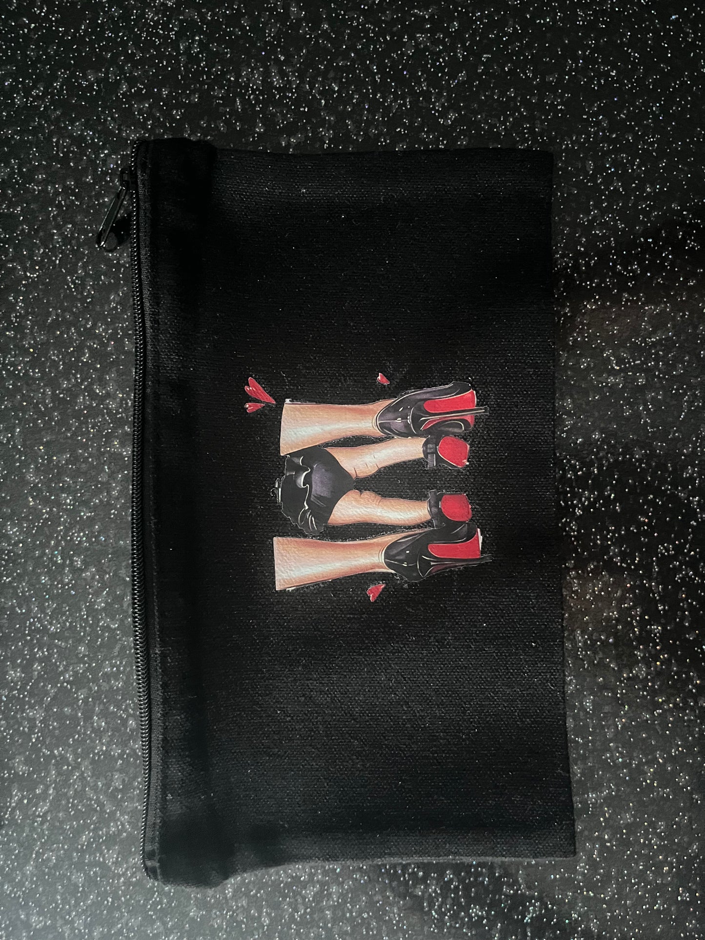 Pochette noire en coton zippée – motifs illustrés