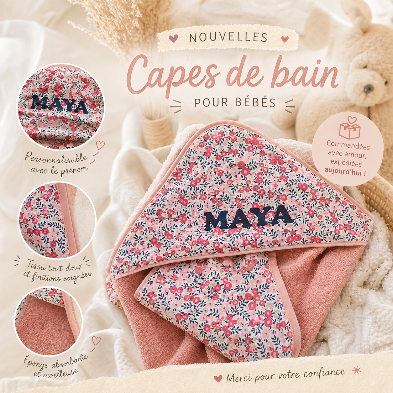 Cape de bain bébé personnalisée & lingettes lavables – Fait main