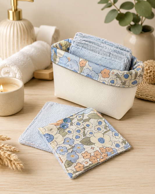 Carrés démaquillants lavables + corbeille assortie – Zéro déchet & fait main
